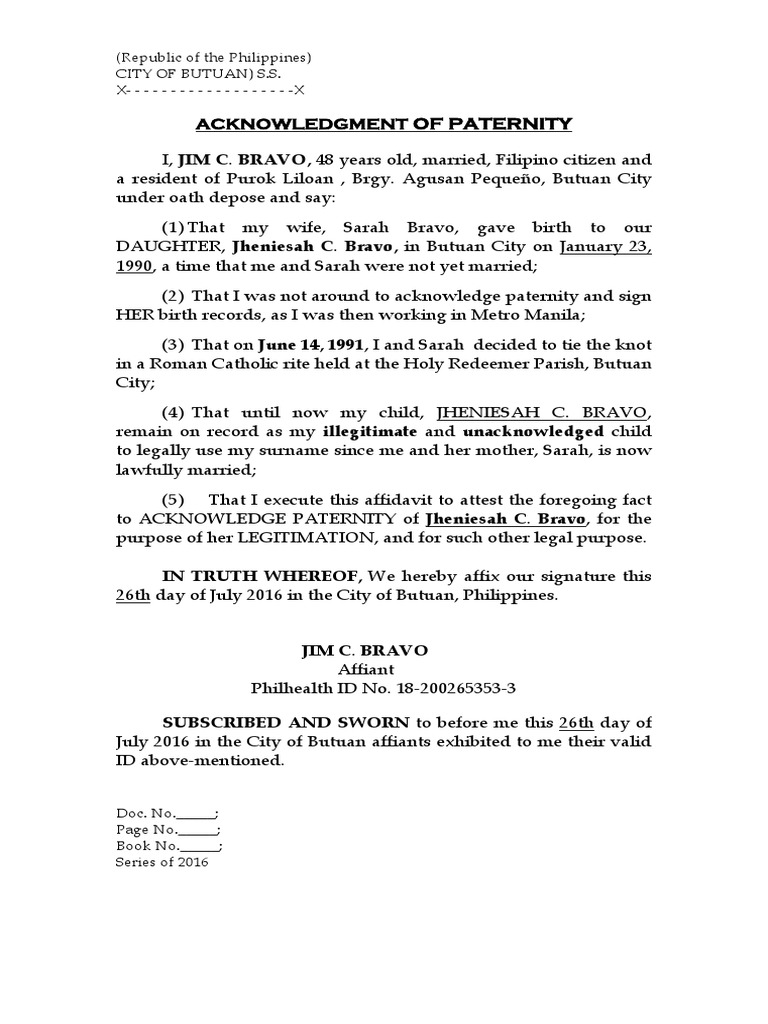 Acknowledge Paternity at Legitimation | PDF | Affidavit | Civil Law ...