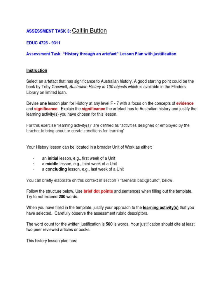 Assignment 3 Artifact History Pdf Curriculum Lesson Plan