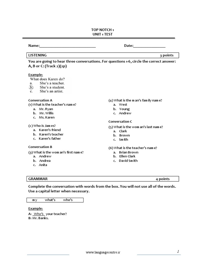 Top Notch 1 Unit 1 Test WWW - Languagecentre.ir | PDF | Colombia ...