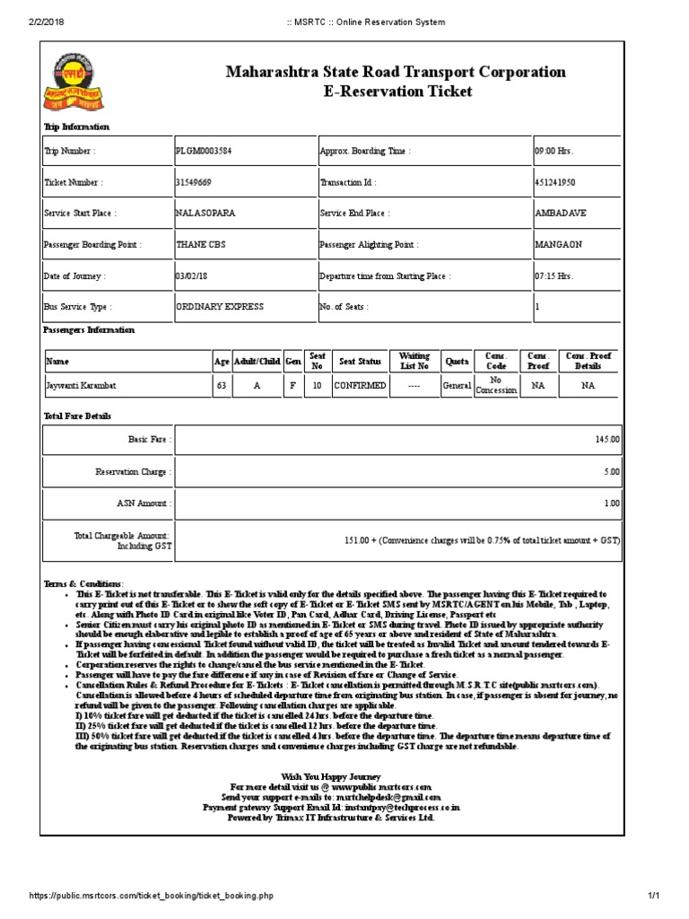 MSRTC Thane To Mangaon | PDF | Identity Document | Ticket (Admission)