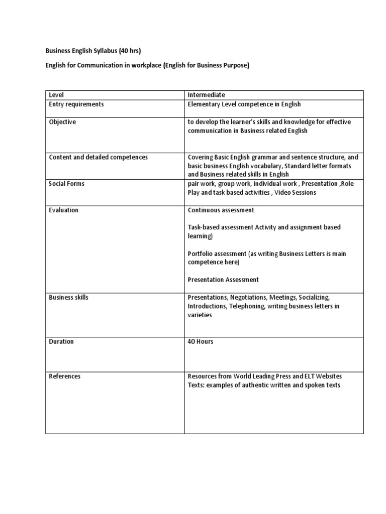 Business English Course Syllabus | PDF | English Language | Question