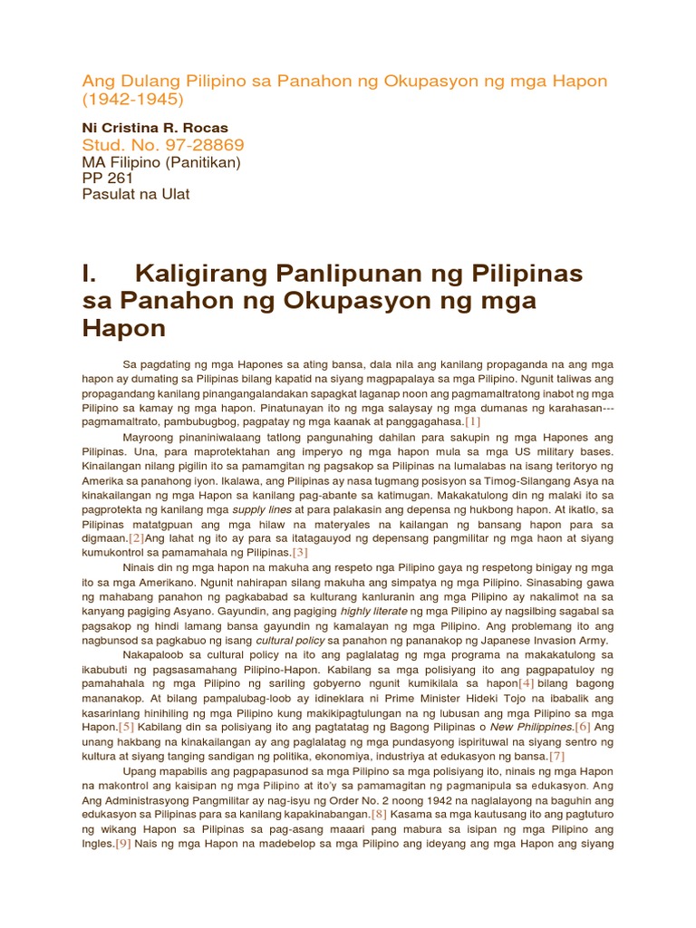 Ang Dulang Pilipino Sa Panahon Ng Okupasyon Ng Mga Hapon