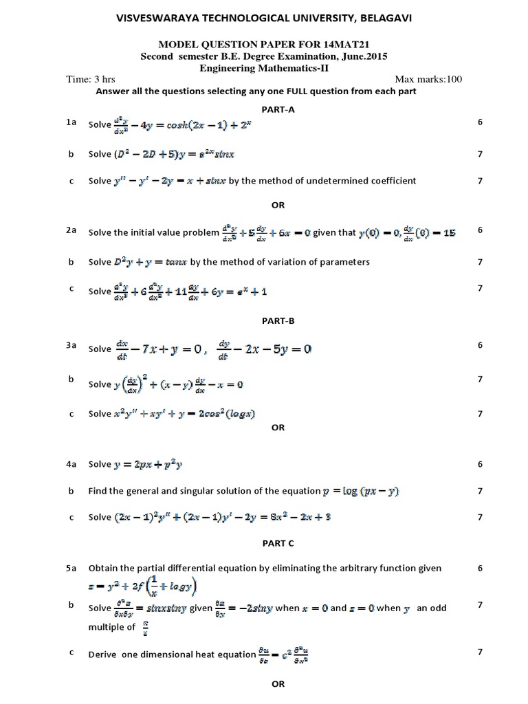 VTU Engineering Mathematics II Exam Paper | PDF | Equations | Laplace ...