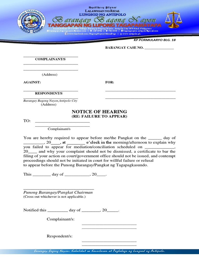 KP Form #18 (Notice of Hearing For Complainant) | PDF | Government