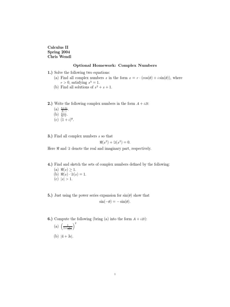 Optional Homework: Complex Numbers | PDF