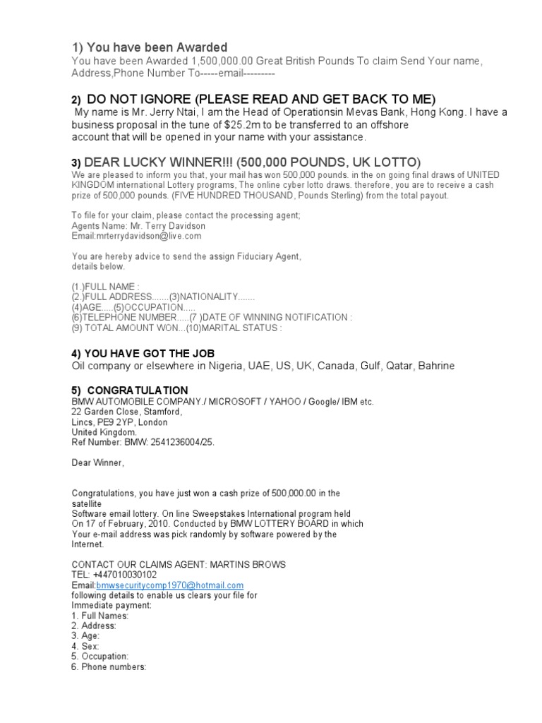 Lottery Scam Emails and Claims | PDF | Lottery | Loans