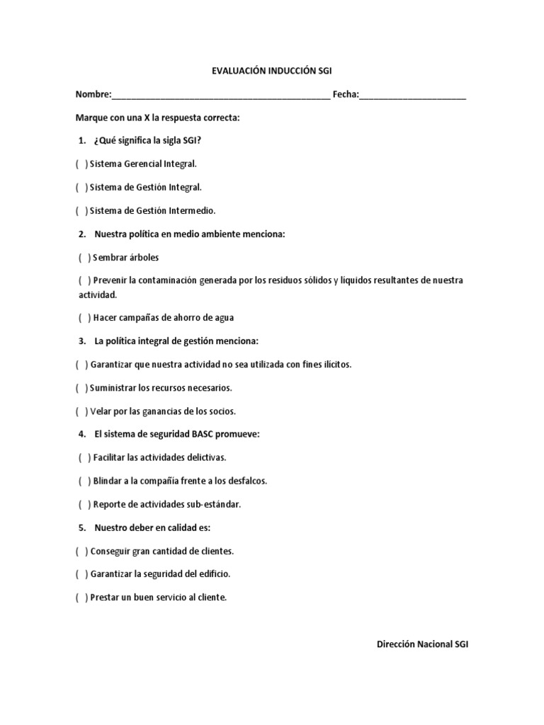 Evaluación Inducción Sgi Pdf