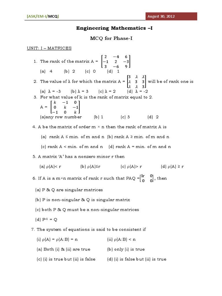 Matrix MCQ PDF System Of Linear Equations Eigenvalues And