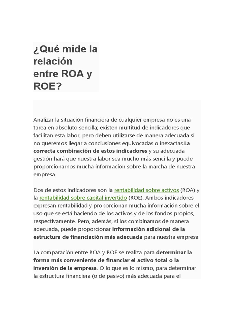 ¿Qué Mide La Relación Entre ROA y ROE | PDF