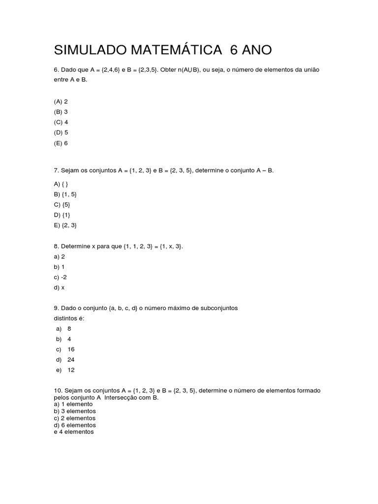 Simulado Matemática 6 Ano | PDF