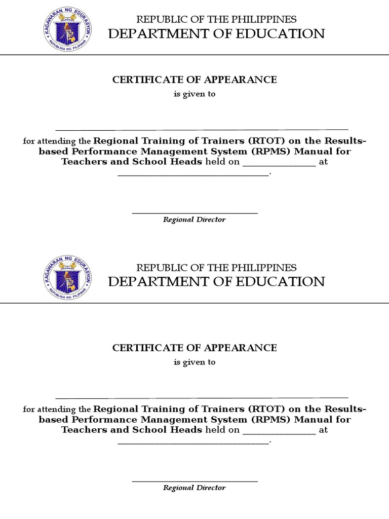 Certificate of Appearance RTOT RPMS Template  PDF  Education Throughout Certificate Of Appearance Template