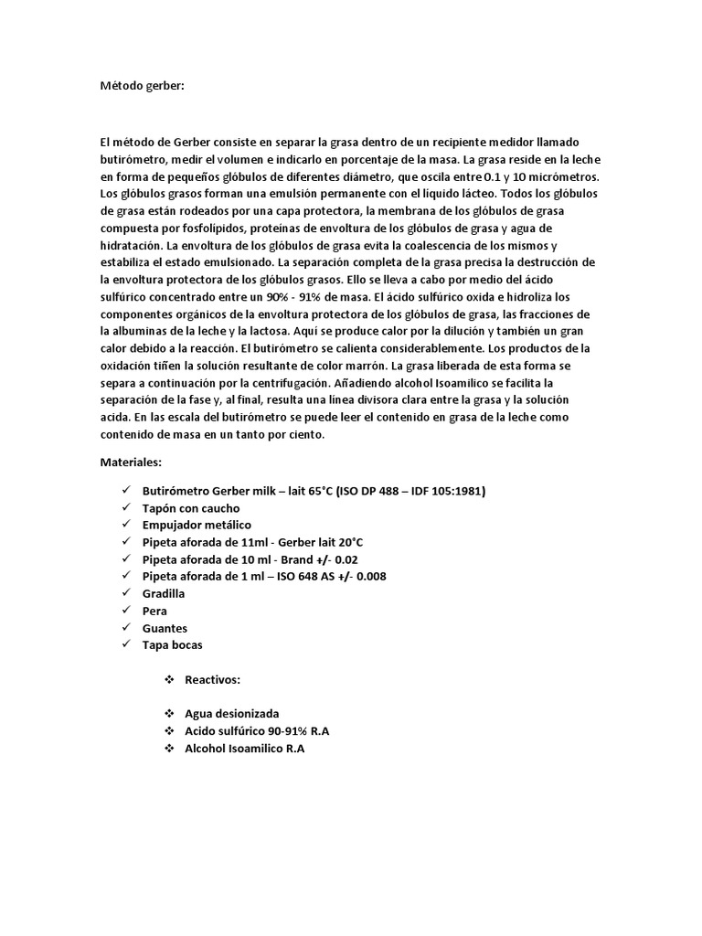 Método Gerber para medir grasa en leche | PDF | Emulsión | Leche