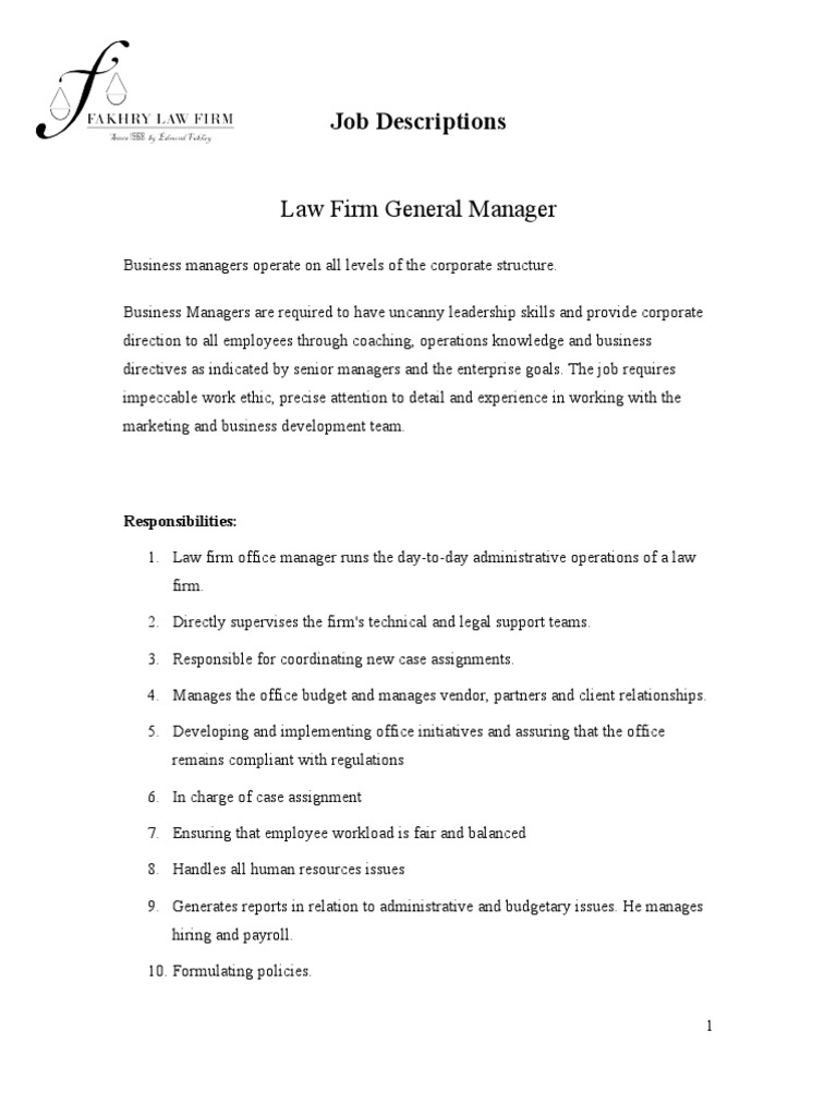 Law Firm General Manager Job Descriptions PDF Secretary Business