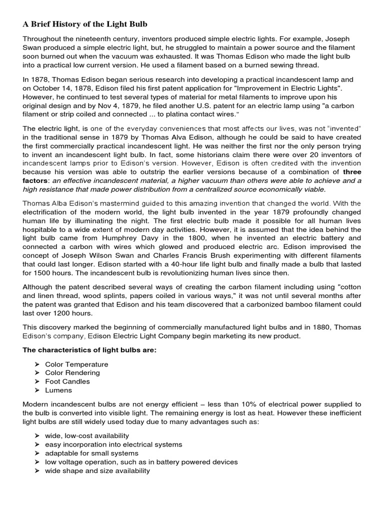 A Brief History of The Light Bulb PDF Incandescent Light Bulb