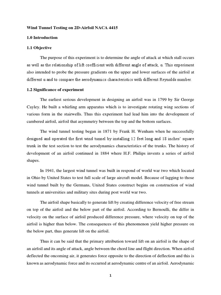 NACA 4415 Airfoil Wind Tunnel Study | PDF | Lift (Force) | Airfoil