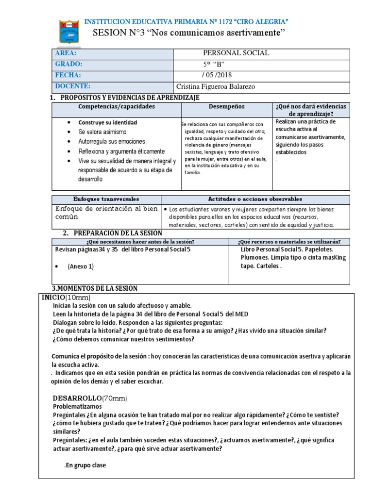 Sesion 1 Personal Social 5to Grado | PDF | Salón de clases | Maestros