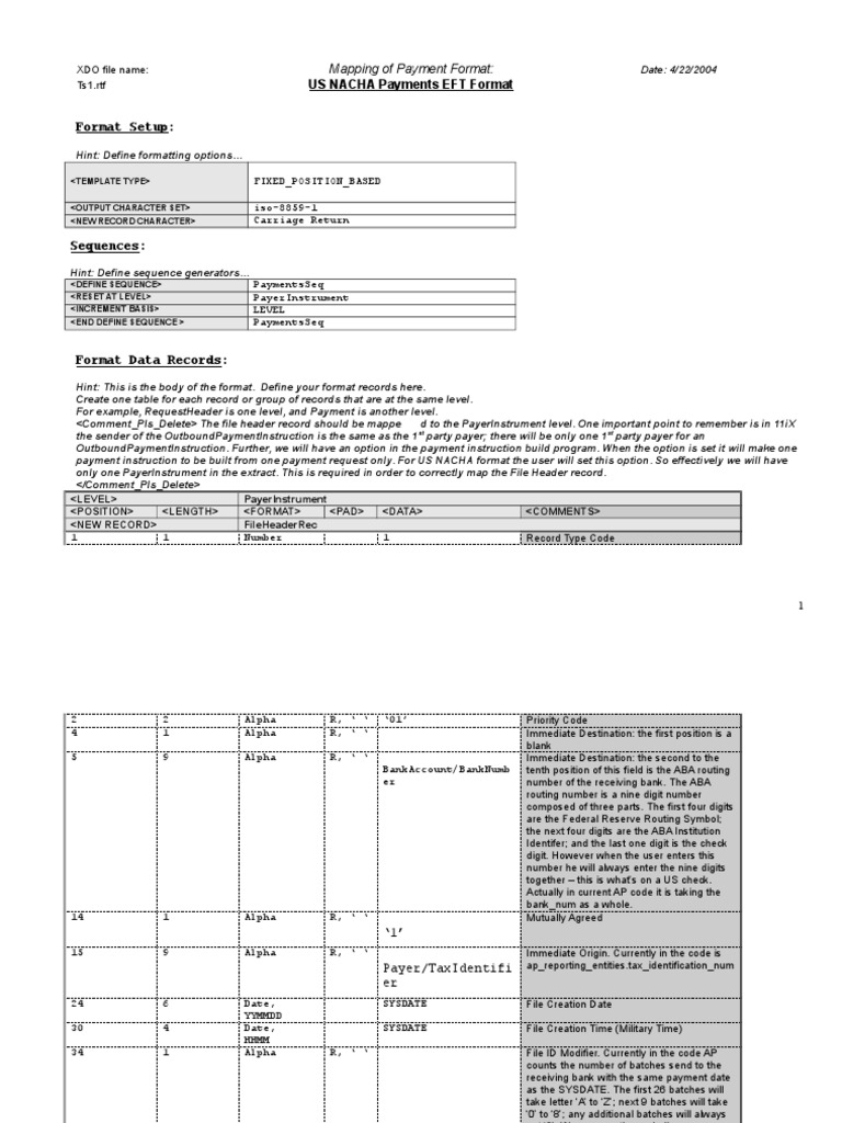 US NACHA Payments EFT Format: Mapping of Payment Format | PDF | Debits ...