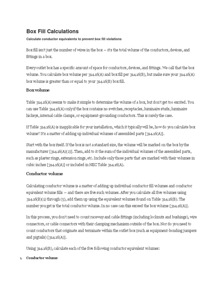 Box Fill Calculations PDF Electrical Conductor Volume