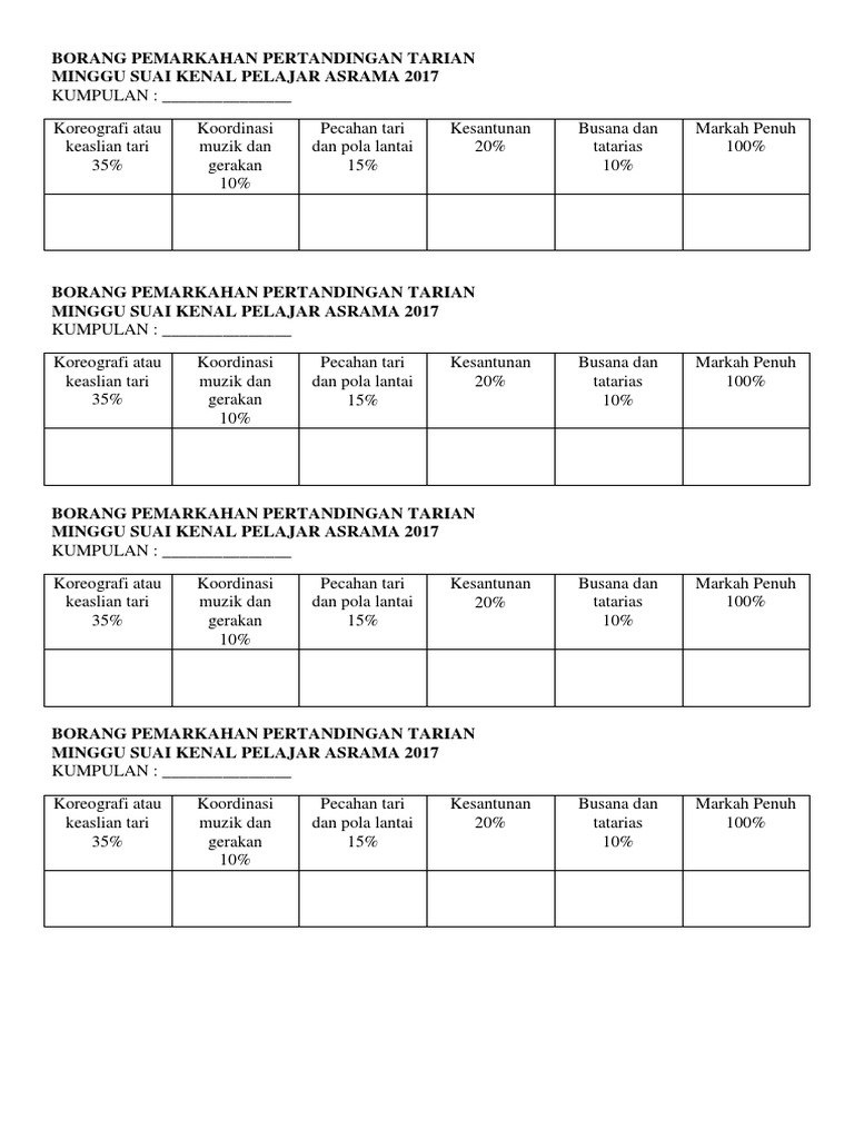 Borang Pemarkahan Pertandingan Tarian