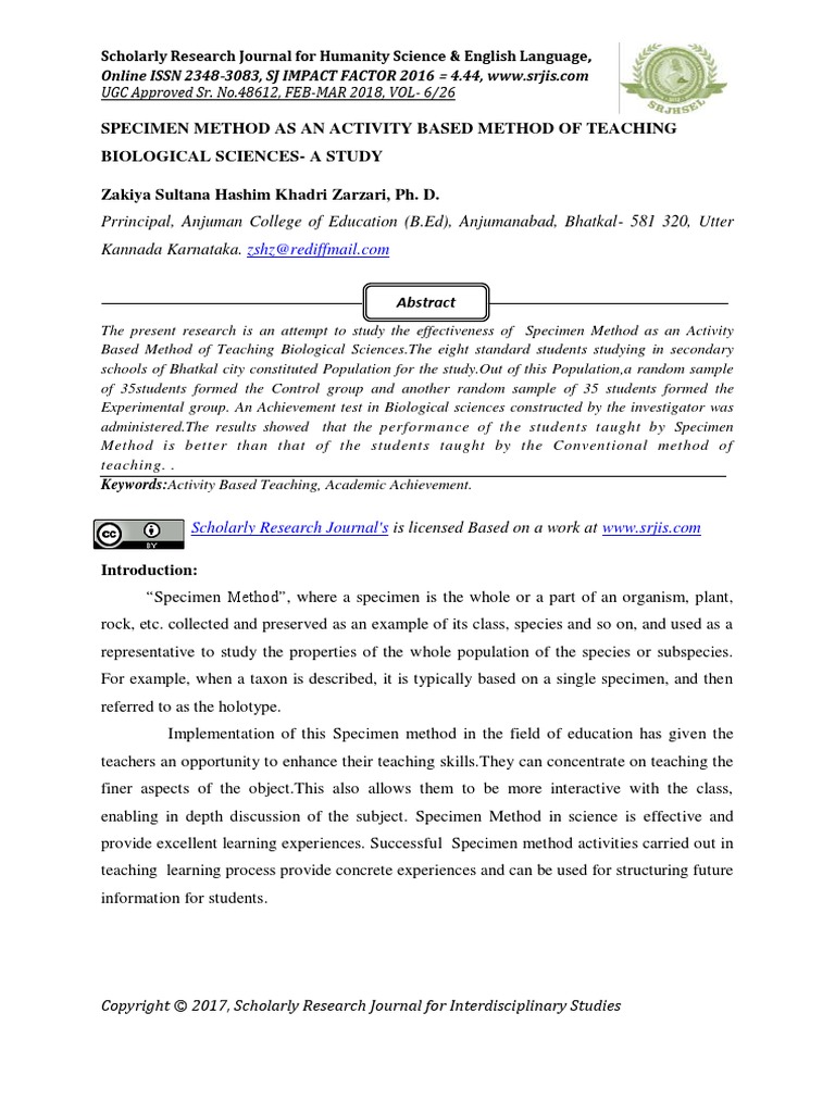 Specimen Method As An Activity Based Method of Teaching Biological Sciences A Study PDF