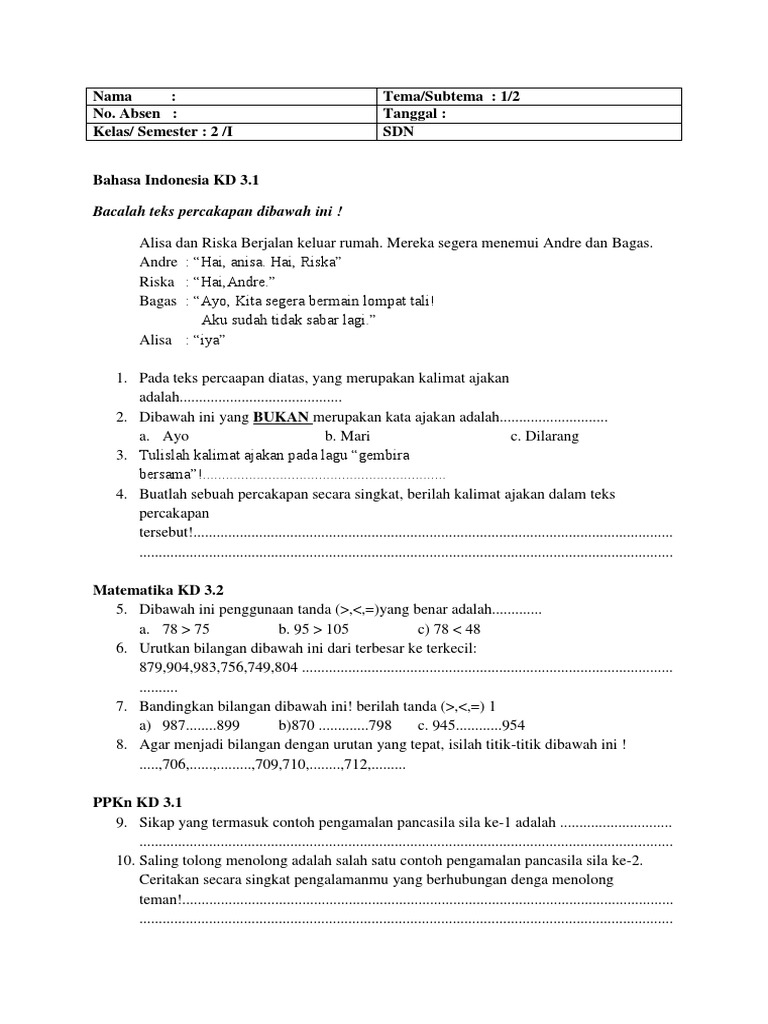 Soal Ulangan Harian Kelas 2 Tema 1 Subtema 2