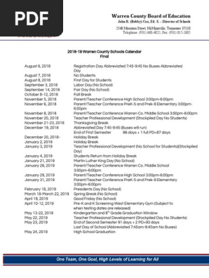 2018-19 Calendar Warren County Schools-Final | PDF | Educational  Organizations | Educational Institutions