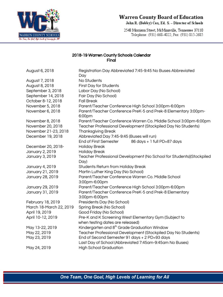 2018-19 Calendar Warren County Schools-Final | PDF | Educational  Organizations | Educational Institutions