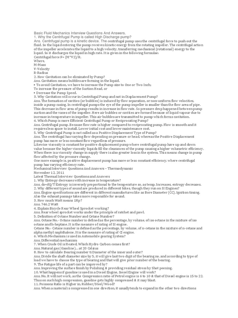 Basic Fluid Mechanics Interview Questions and Answers PDF Heat Pump