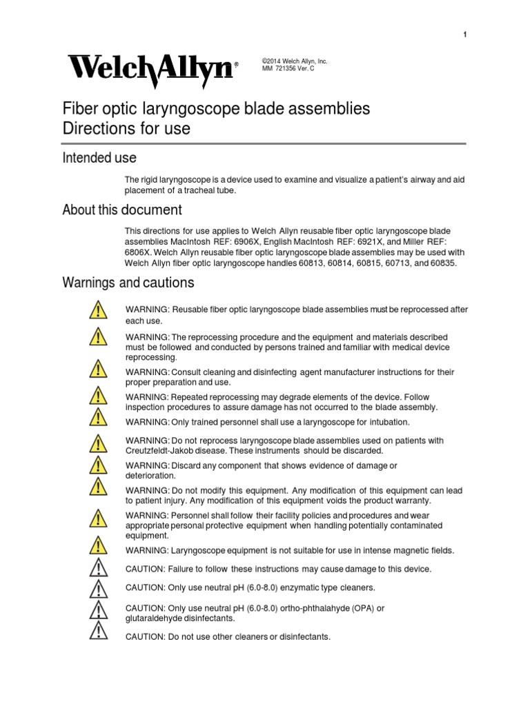 Fiber Optic Laryngoscope Blade Assemblies Directions For Use PDF