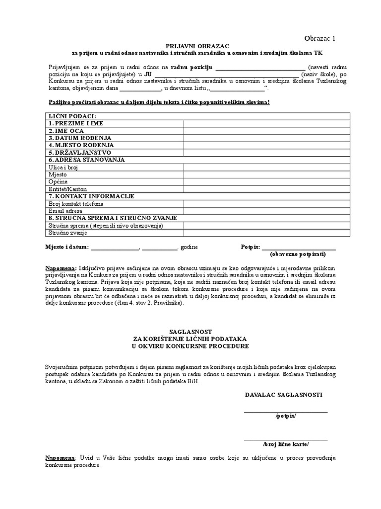Prijavni Obrazac - Nastavnici I Strucni Saradnici - Osnovne I Srednje ...