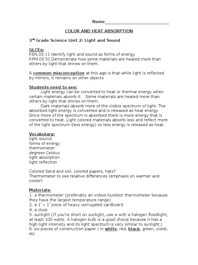 3rd Grade Unit 2 Light and Sound Color and Heat Absorption Teacher Version PDF Light Color