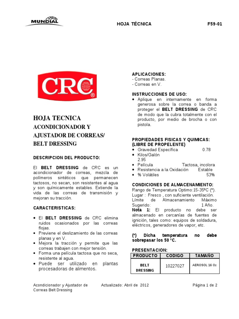 Ficha Tecnica LPS Belt Dresing PDF | PDF | Química | Materiales