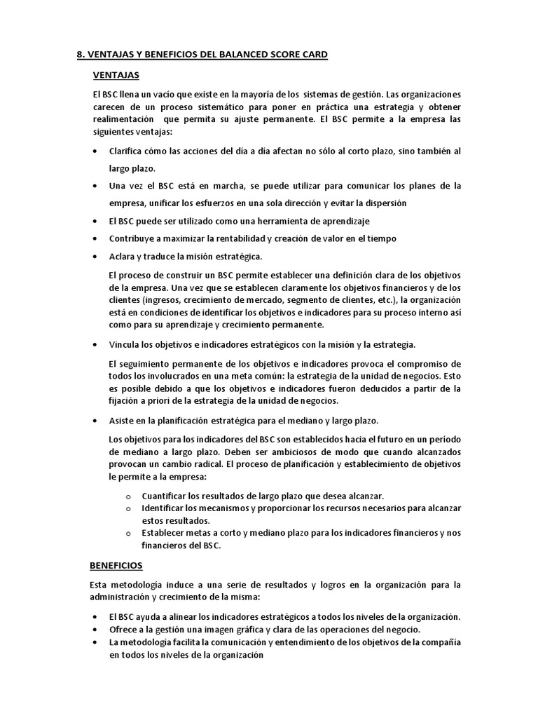 Ventajas y Desventajas del Balanced Scorecard | PDF | Planificación ...