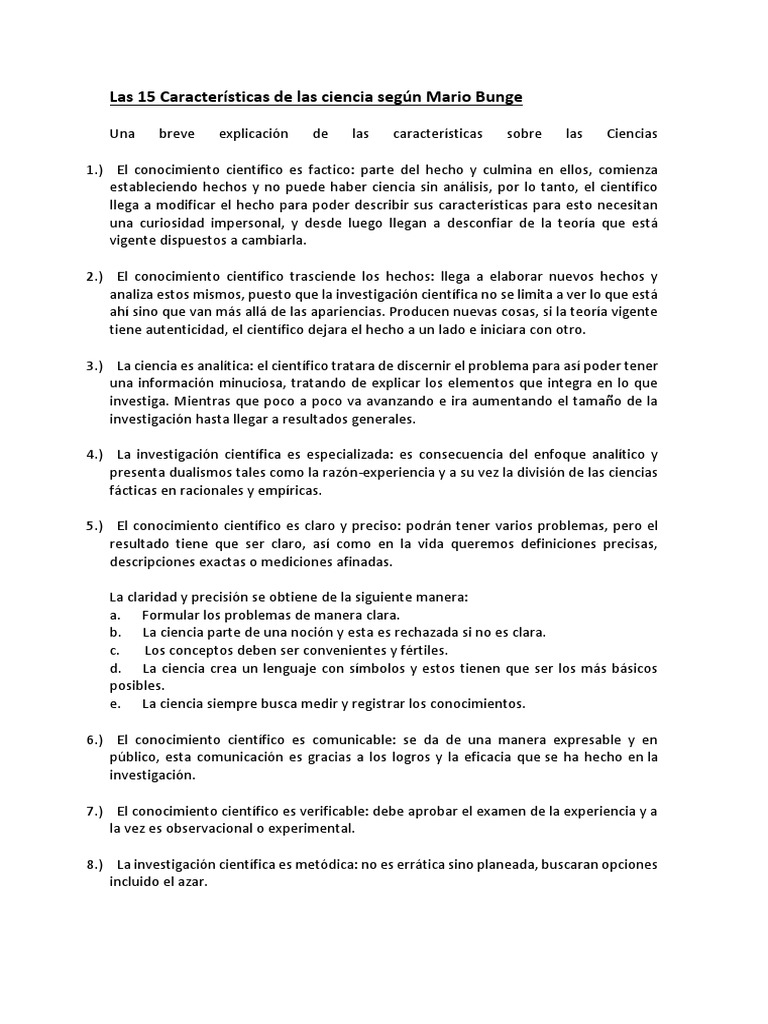 15 Caracteristicas Segun Mario Bunge Conocimiento Teoría