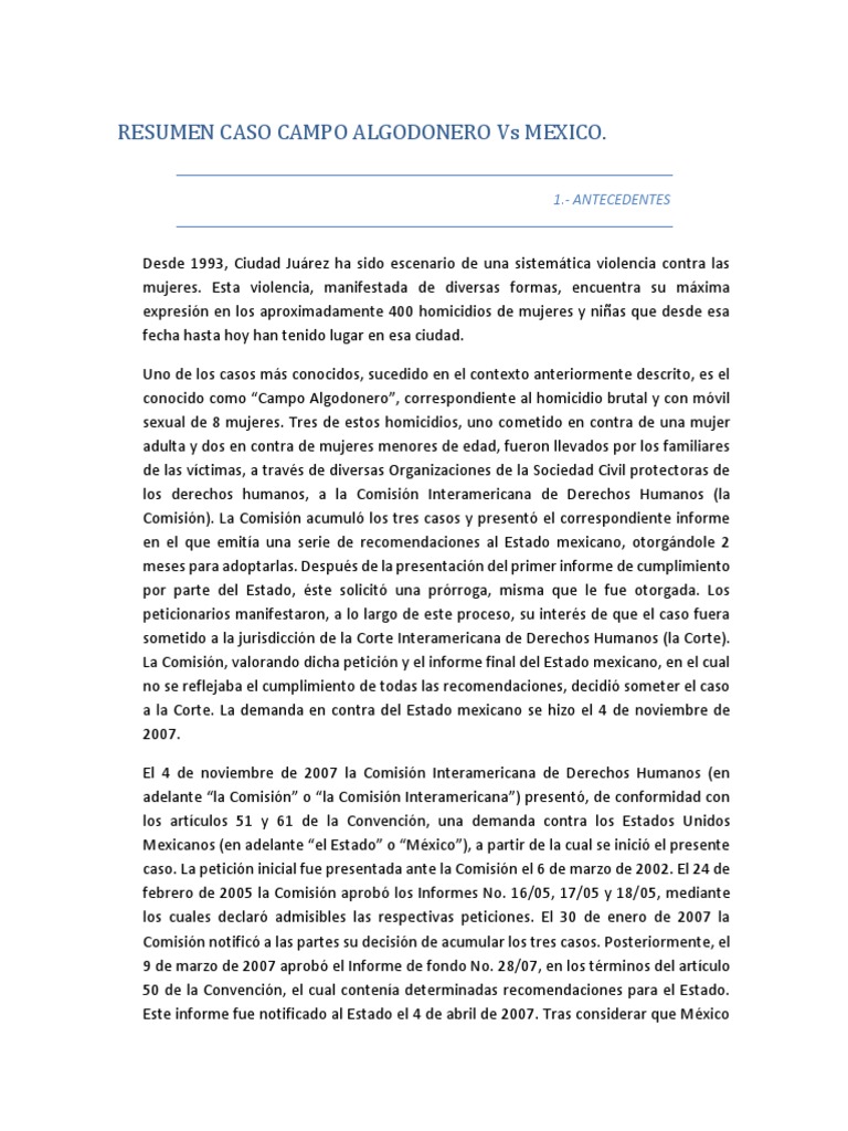 Caso Campo Algodonero Vs Mexico Resumen PDF La violencia contra las mujeres Discriminación