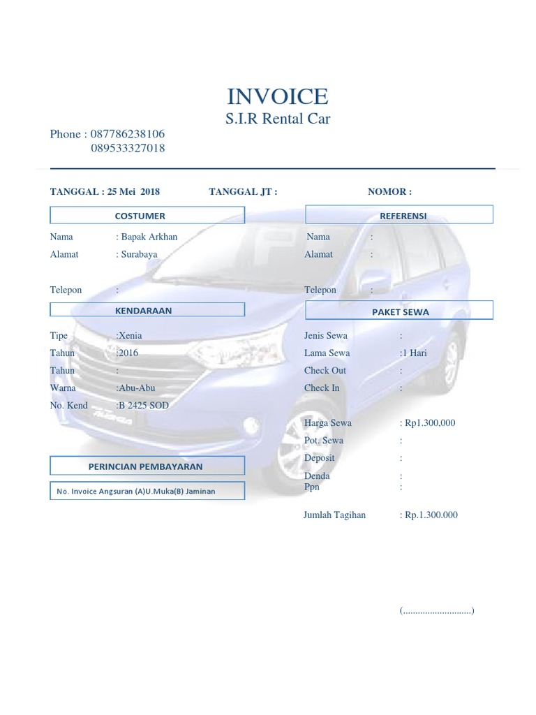 Invoice Sewa Mobil S.I.R Rental Car | PDF