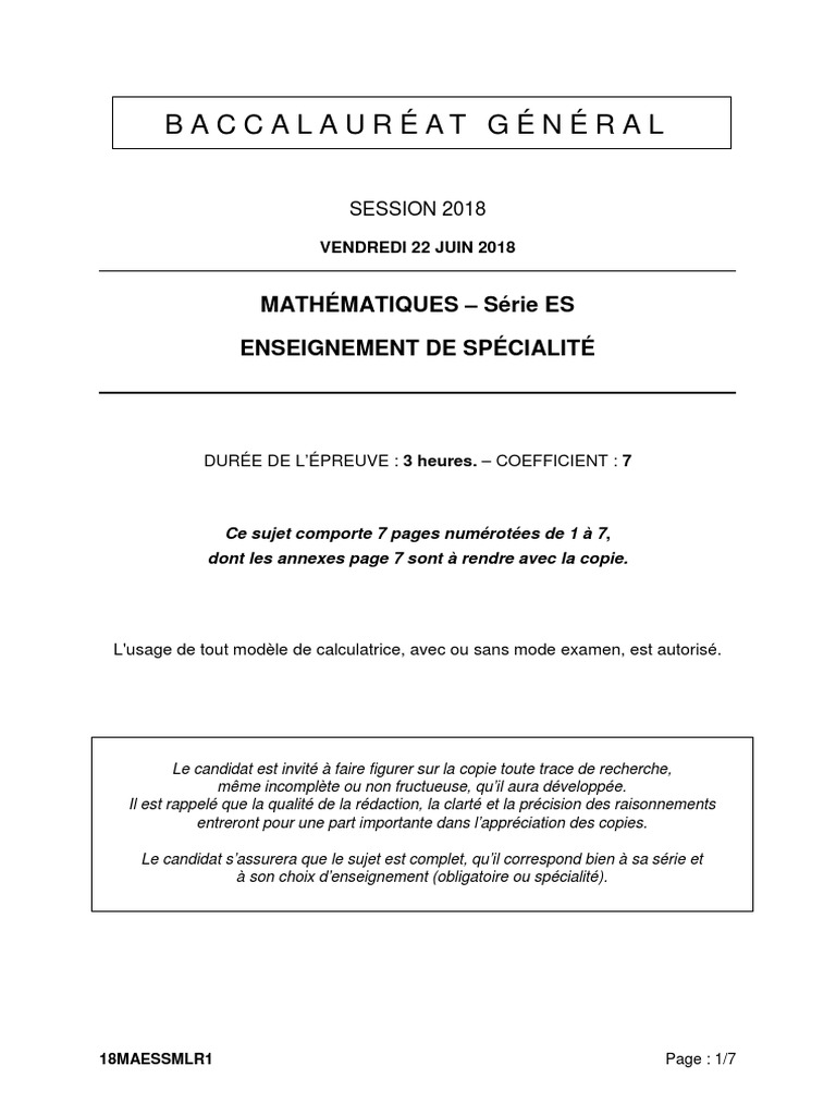 BAC ES 2018 Sujet Maths Spé PDF Théorie des graphes Courbe