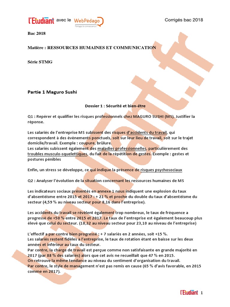 Sujet De Rattrapage Eco Droit Bac Stmg 2017 Bac STMG 2018 Ressources Humaines Et Communication Corrigé | PDF |  Recrutement | Médiation