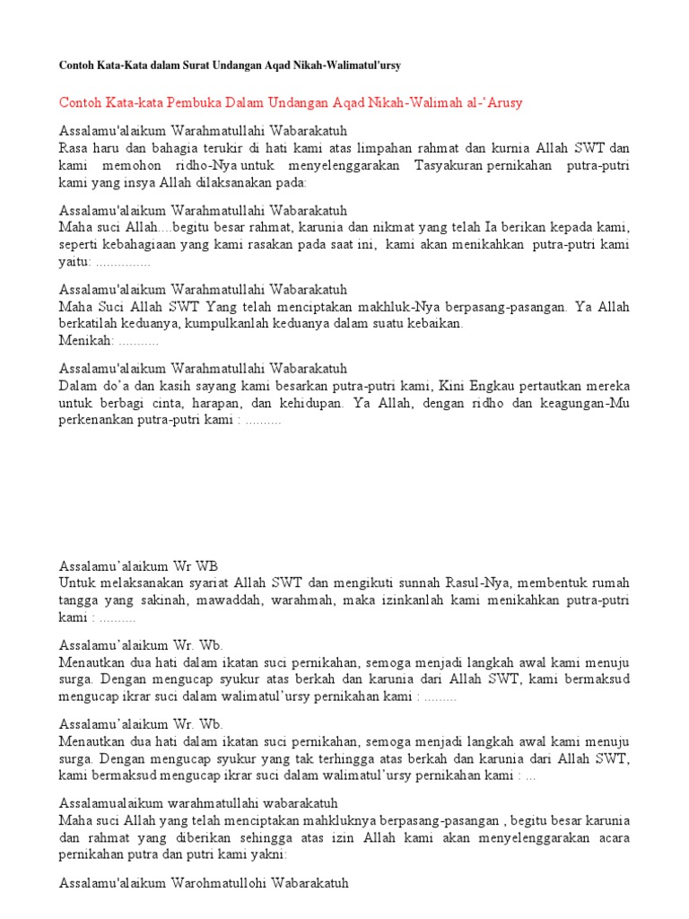 Contoh Kata Undangan Walimatul Ursy PDF