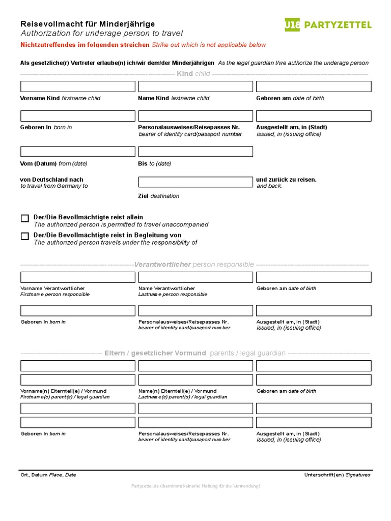 Reisevollmacht Deutsch Englisch Jugendliche