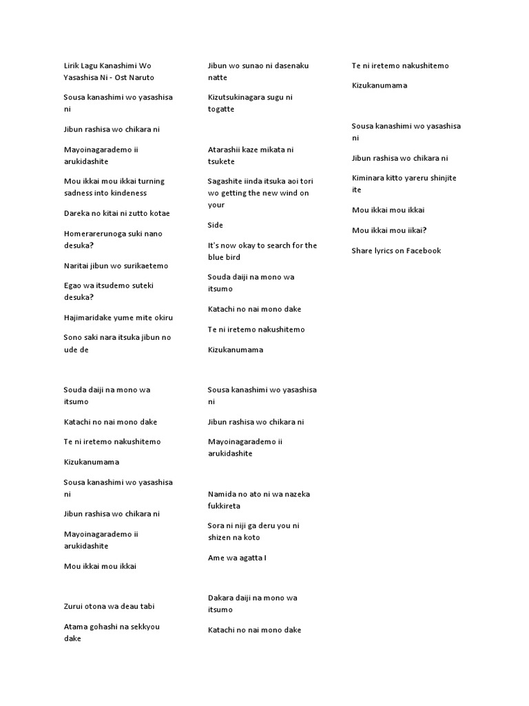 Lirik Lagu Kanashimi Wo Yasashisa Ni Pdf
