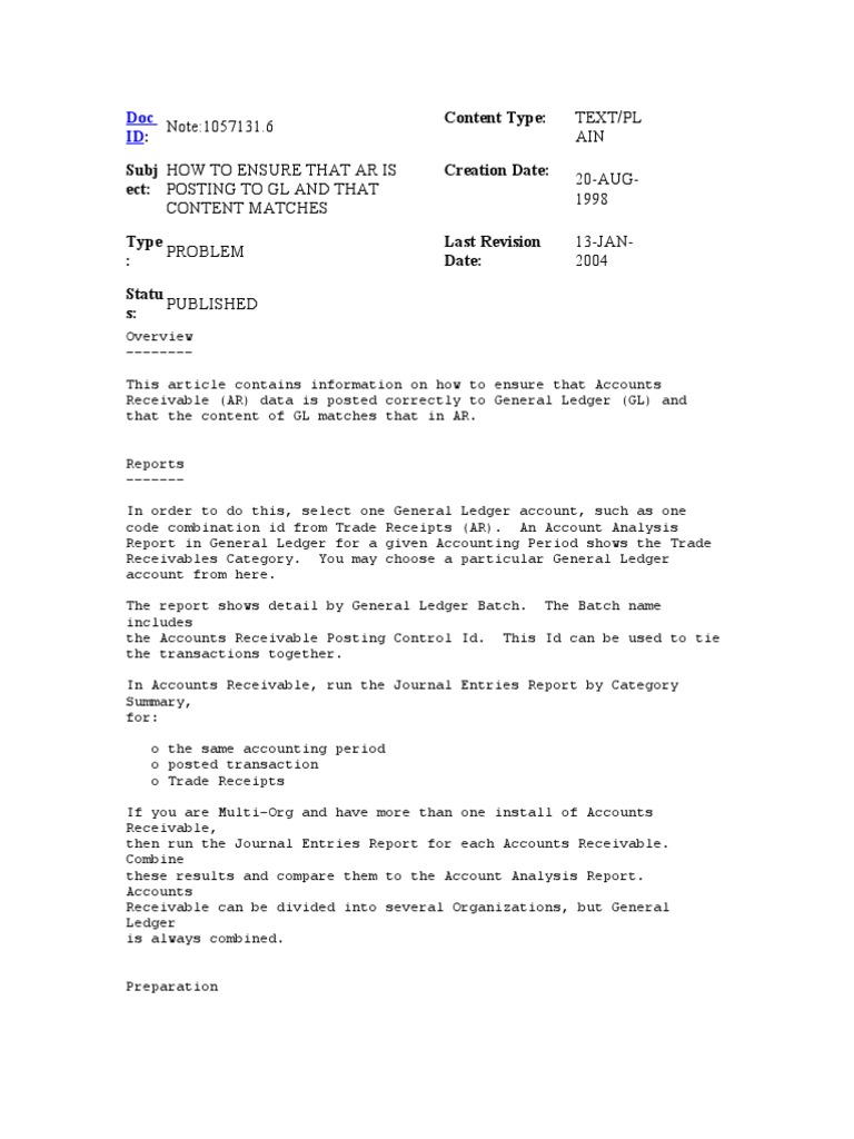 AR to GL Posting Verification Guide | PDF | Debits And Credits | Receipt