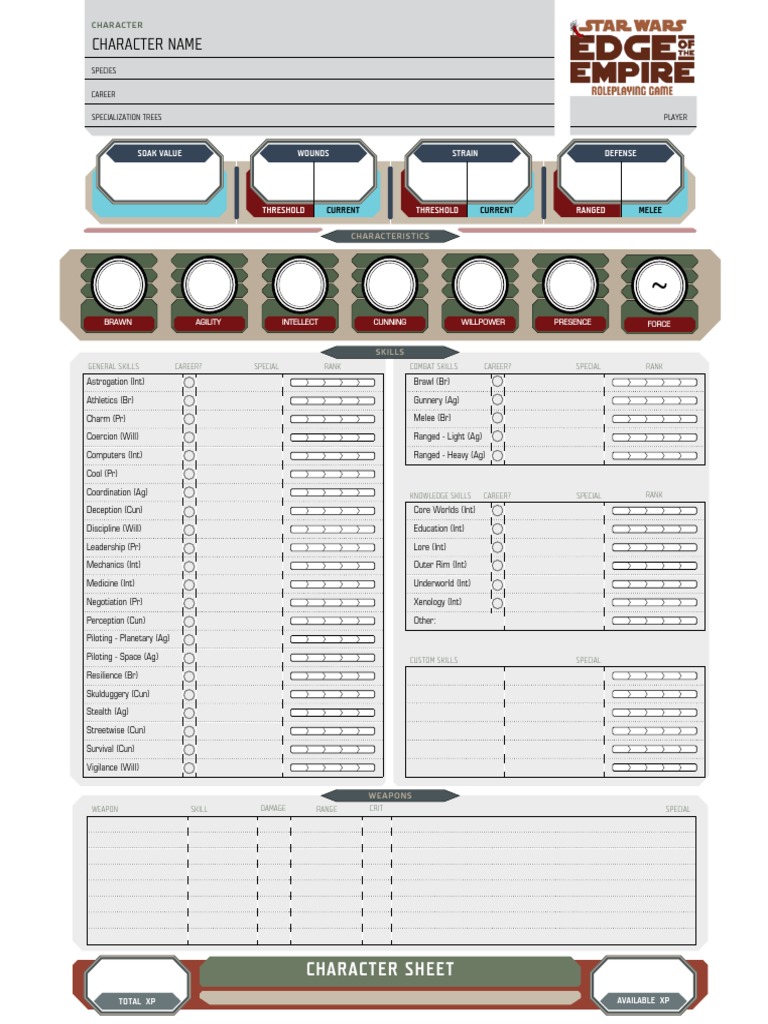 Star Wars Edge Of Empire Form Fillable Character Sheet - Printable ...