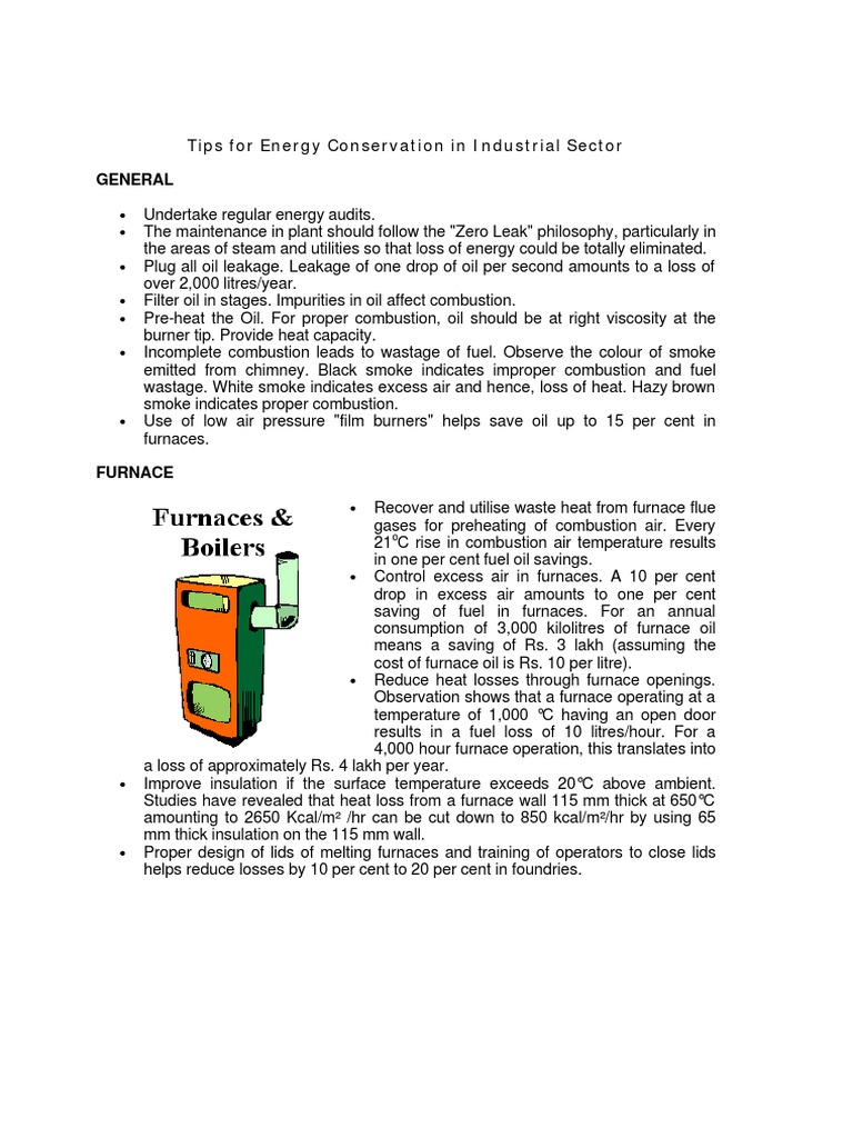 Energy Conservation Tips for Industries | PDF | Air Conditioning | Furnace
