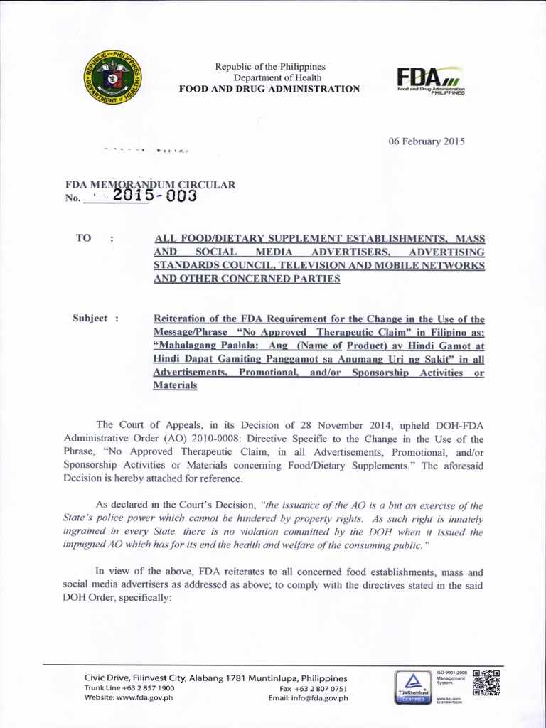FDA Memorandum Circular No. 2015-003 | PDF