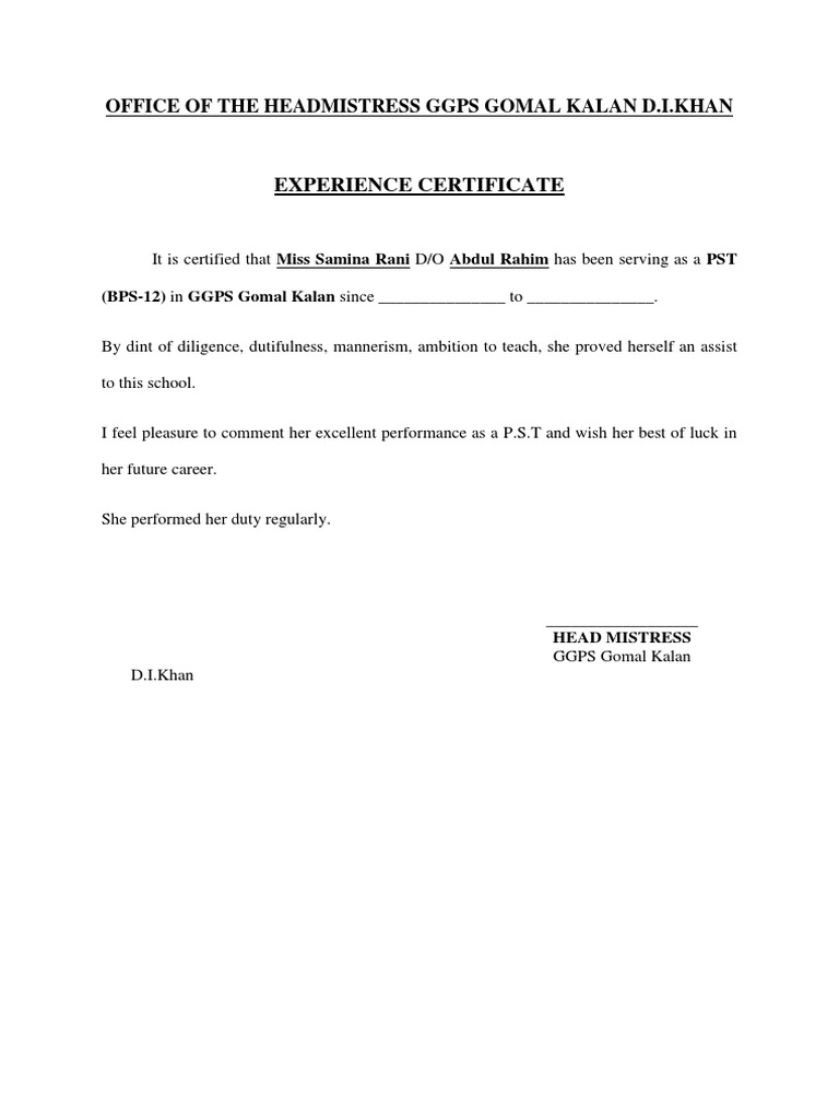 Experience Certificate for Samina Rani | PDF