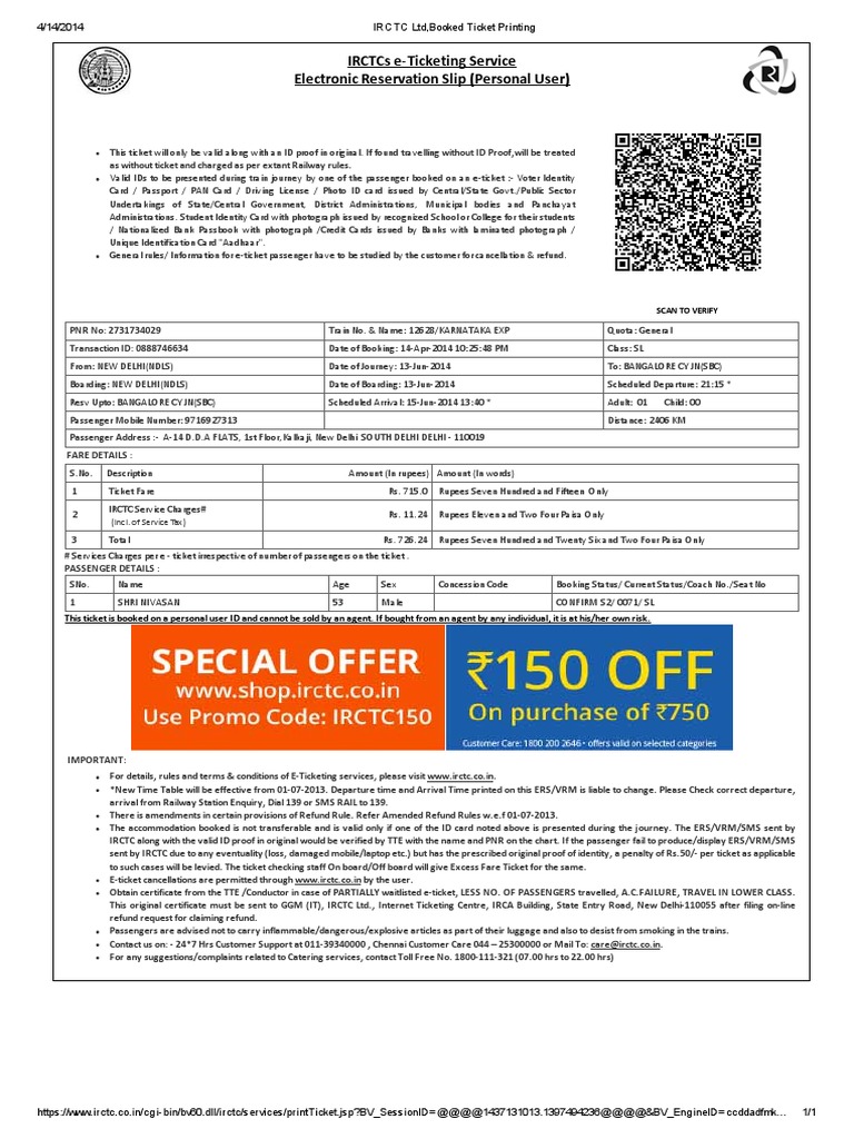 IRCTC LTD, Booked Ticket Printing | PDF | Identity Document | Ticket ...