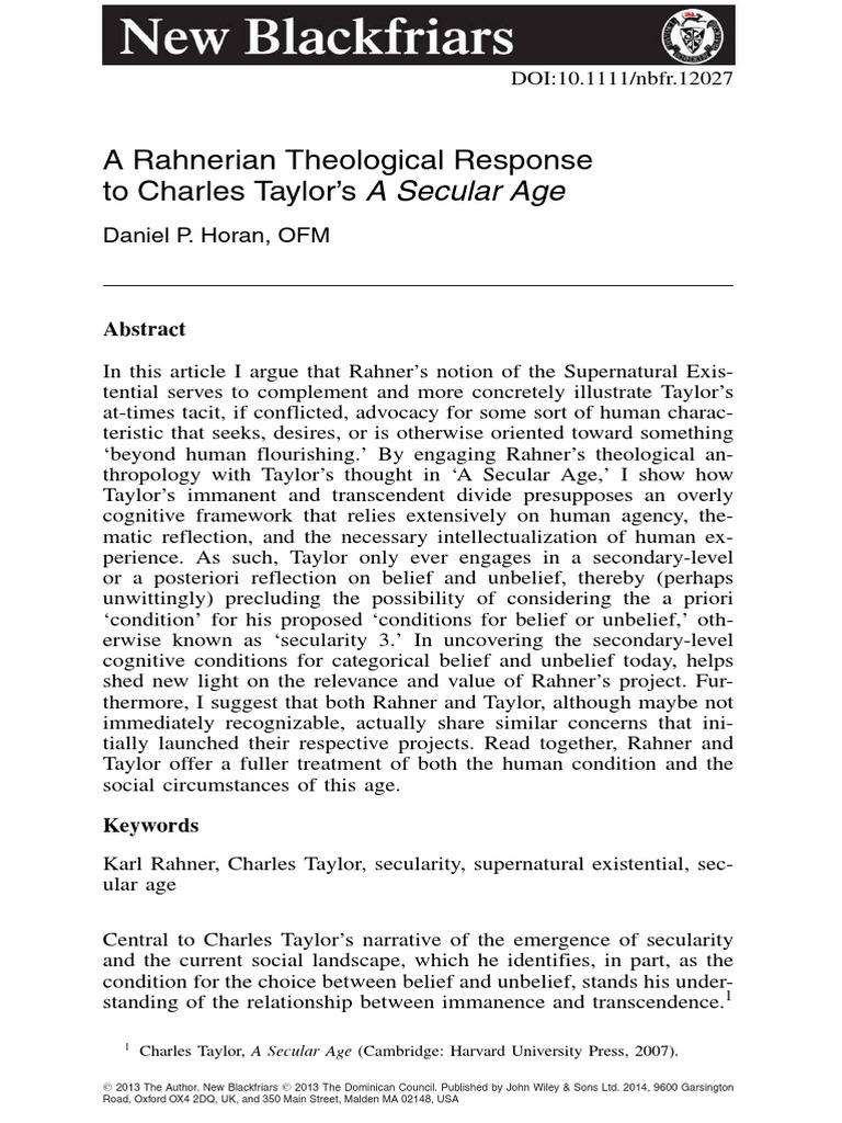 Rahner's Theology and Taylor's Secularity | PDF | Transcendence ...