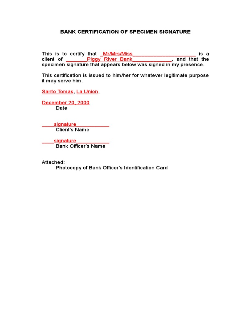 Bank Specimen Signature Certification | PDF