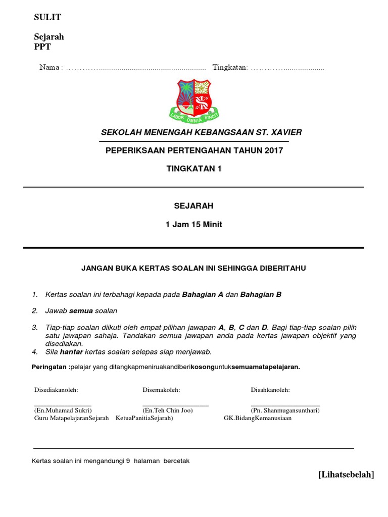 Peperiksaan Pertengahan Tahun Sejarah Tingkatan 1 2017 Pdf
